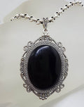 Sterling Silver Large Oval Ornate Marcasite &amp; Onyx Pendant on Silver Chain