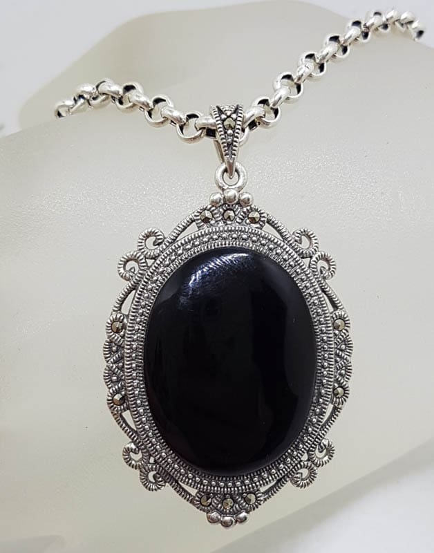 Sterling Silver Large Oval Ornate Marcasite &amp; Onyx Pendant on Silver Chain