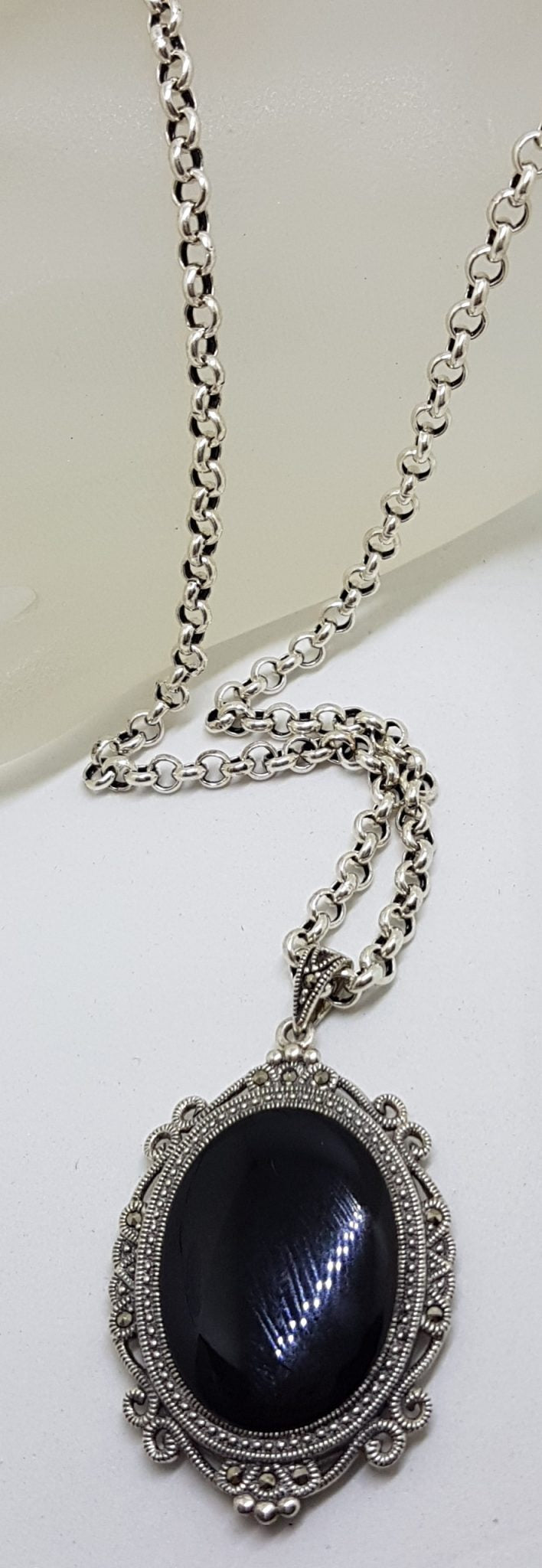 Sterling Silver Large Oval Ornate Marcasite &amp; Onyx Pendant on Silver Chain