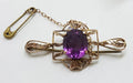 9ct Rose Gold Oval Amethyst in Ornate Set Bar Brooch - Antique / Vintage