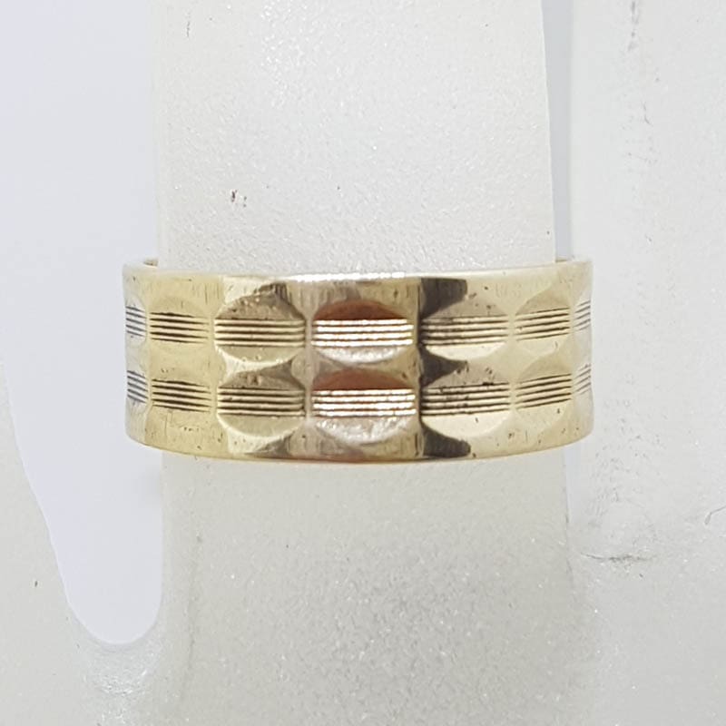 9ct Yellow Gold Wide Patterned Wedding Band Ring - Vintage