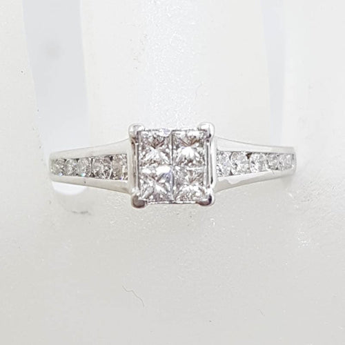 18ct White Gold Square Diamond Cluster with Channel Set Diamond Sides Engagement / Dress Ring