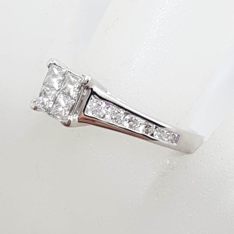 18ct White Gold Square Diamond Cluster with Channel Set Diamond Sides Engagement / Dress Ring