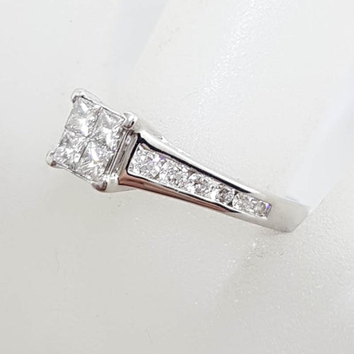 18ct White Gold Square Diamond Cluster with Channel Set Diamond Sides Engagement / Dress Ring