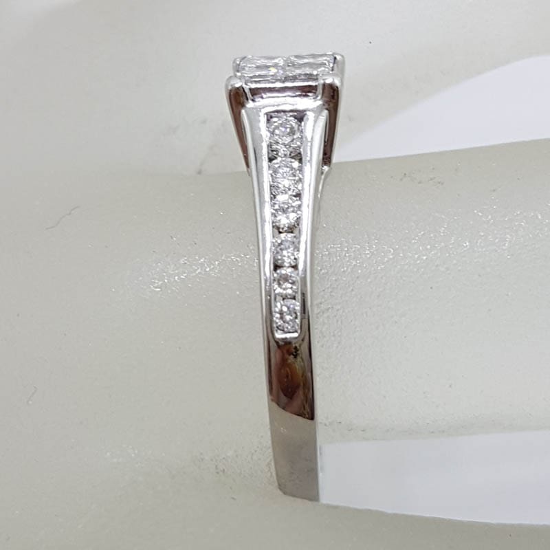 18ct White Gold Square Diamond Cluster with Channel Set Diamond Sides Engagement / Dress Ring
