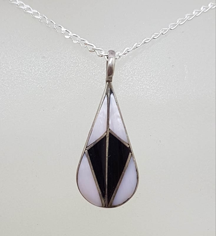 Sterling Silver Black and White Enamel Teardrop / Pear Shape Pendant on Silver Chain - Vintage