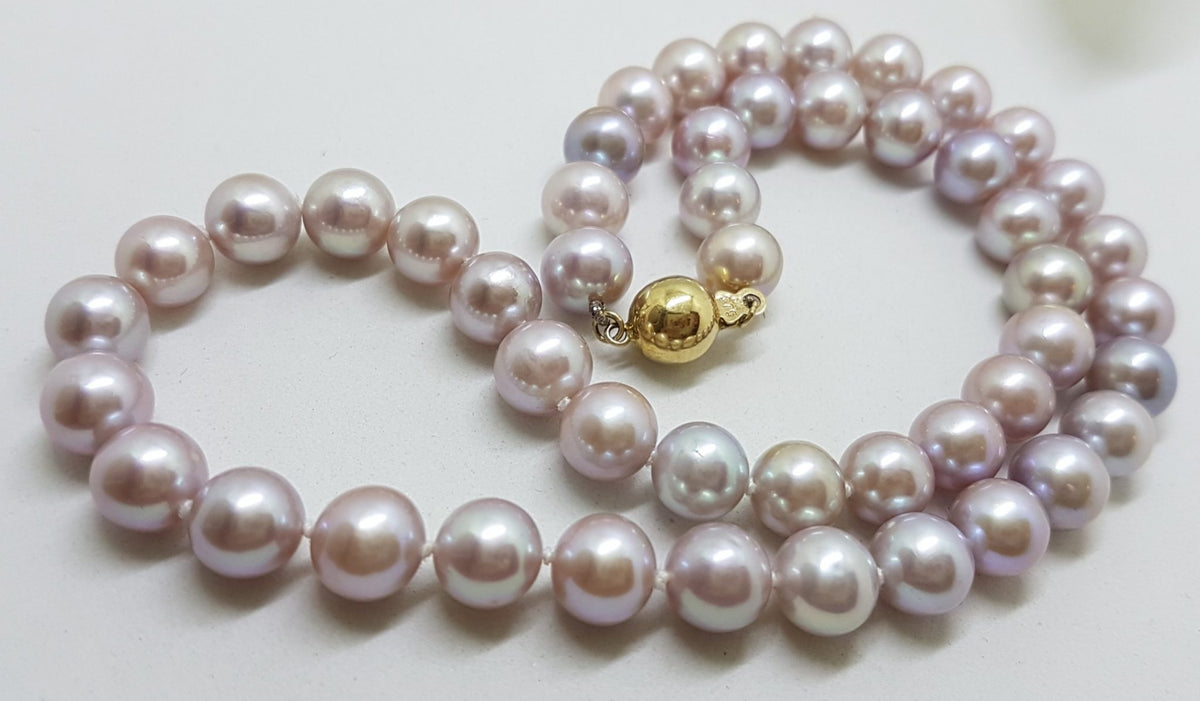 9ct Yellow Gold Ball Clasp on Pink Freshwater Pearl Necklace / Chain - Thick