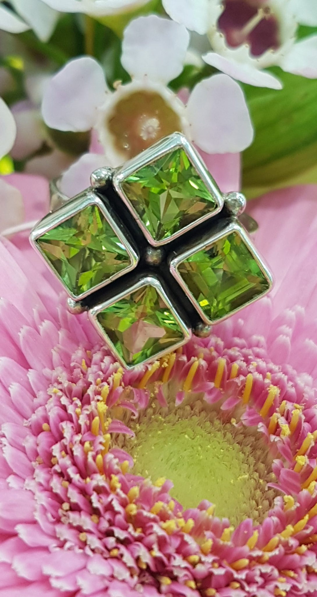 Sterling Silver Peridot Large Square Cluster Ring