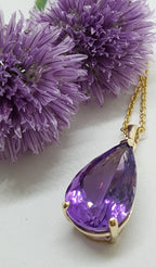 9ct Yellow Gold Large Teardrop / Pear Shape Claw Set Amethyst Pendant on Gold Chain