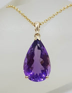 9ct Yellow Gold Large Teardrop / Pear Shape Claw Set Amethyst Pendant on Gold Chain