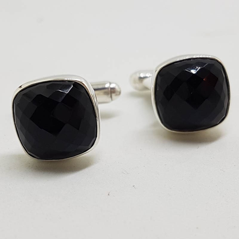 Sterling Silver Square Faceted Onyx Pair of Cufflinks
