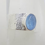 Sterling Silver Oval Bezel Set on Wide Patterned Design Band Cabochon Cut Aquamarine Ring