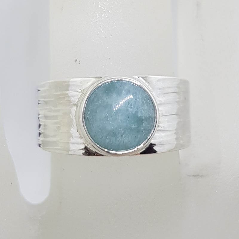 Sterling Silver Round Bezel Set on Wide Patterned Design Band Cabochon Cut Aquamarine Ring