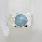 Sterling Silver Round Bezel Set on Wide Patterned Design Band Cabochon Cut Aquamarine Ring