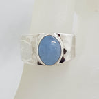 Sterling Silver Oval Bezel Set on Wide Beaten Design Band Cabochon Cut Aquamarine Ring