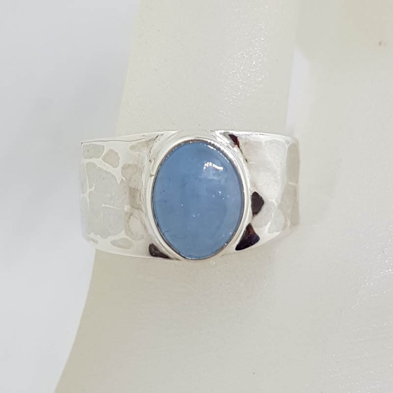 Sterling Silver Oval Bezel Set on Wide Beaten Design Band Cabochon Cut Aquamarine Ring