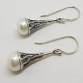 Sterling Silver Patterned Design Long Pearl Drop Earrings