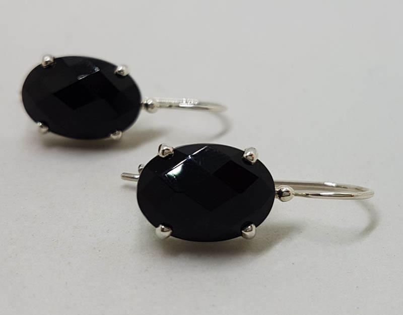 Sterling Silver Oval Faceted Onyx Claw Set Drop Earrings