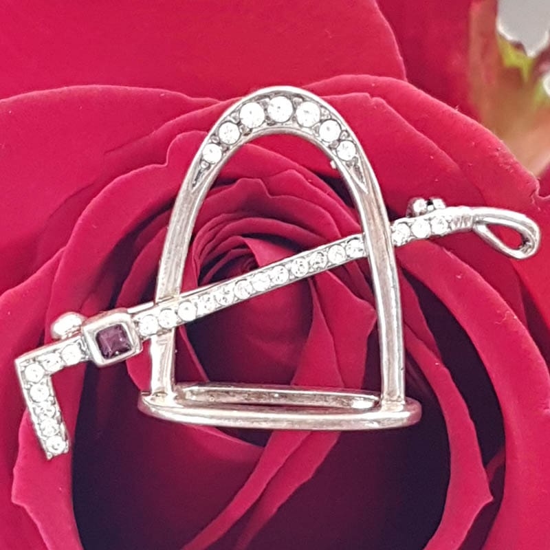 Sterling Silver Horse / Equestrian Stirrup &amp; Riding Crop Whip Brooch with Amethyst &amp; Cubic Zirconia