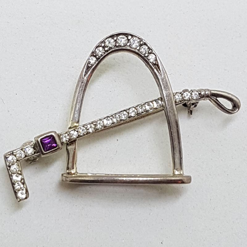 Sterling Silver Horse / Equestrian Stirrup &amp; Riding Crop Whip Brooch with Amethyst &amp; Cubic Zirconia