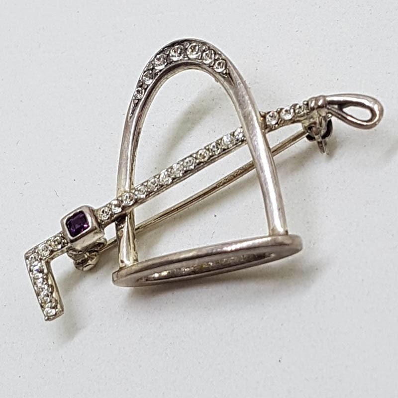 Sterling Silver Horse / Equestrian Stirrup &amp; Riding Crop Whip Brooch with Amethyst &amp; Cubic Zirconia