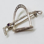 Sterling Silver Horse / Equestrian Stirrup &amp; Riding Crop Whip Brooch with Amethyst &amp; Cubic Zirconia
