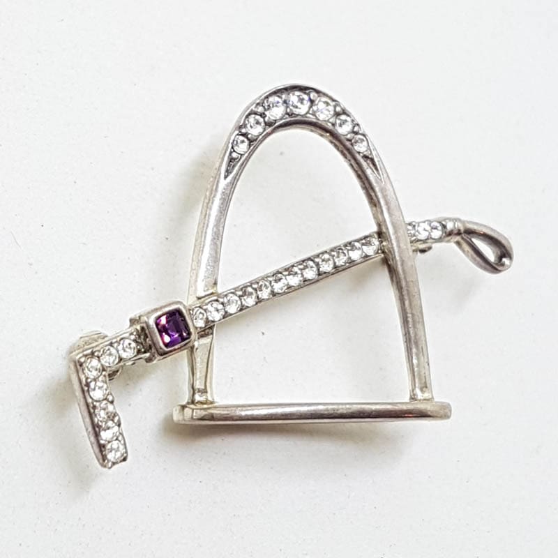 Sterling Silver Horse / Equestrian Stirrup &amp; Riding Crop Whip Brooch with Amethyst &amp; Cubic Zirconia