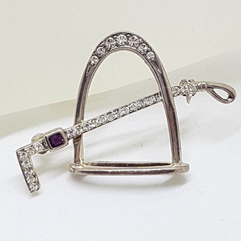 Sterling Silver Horse / Equestrian Stirrup &amp; Riding Crop Whip Brooch with Amethyst &amp; Cubic Zirconia