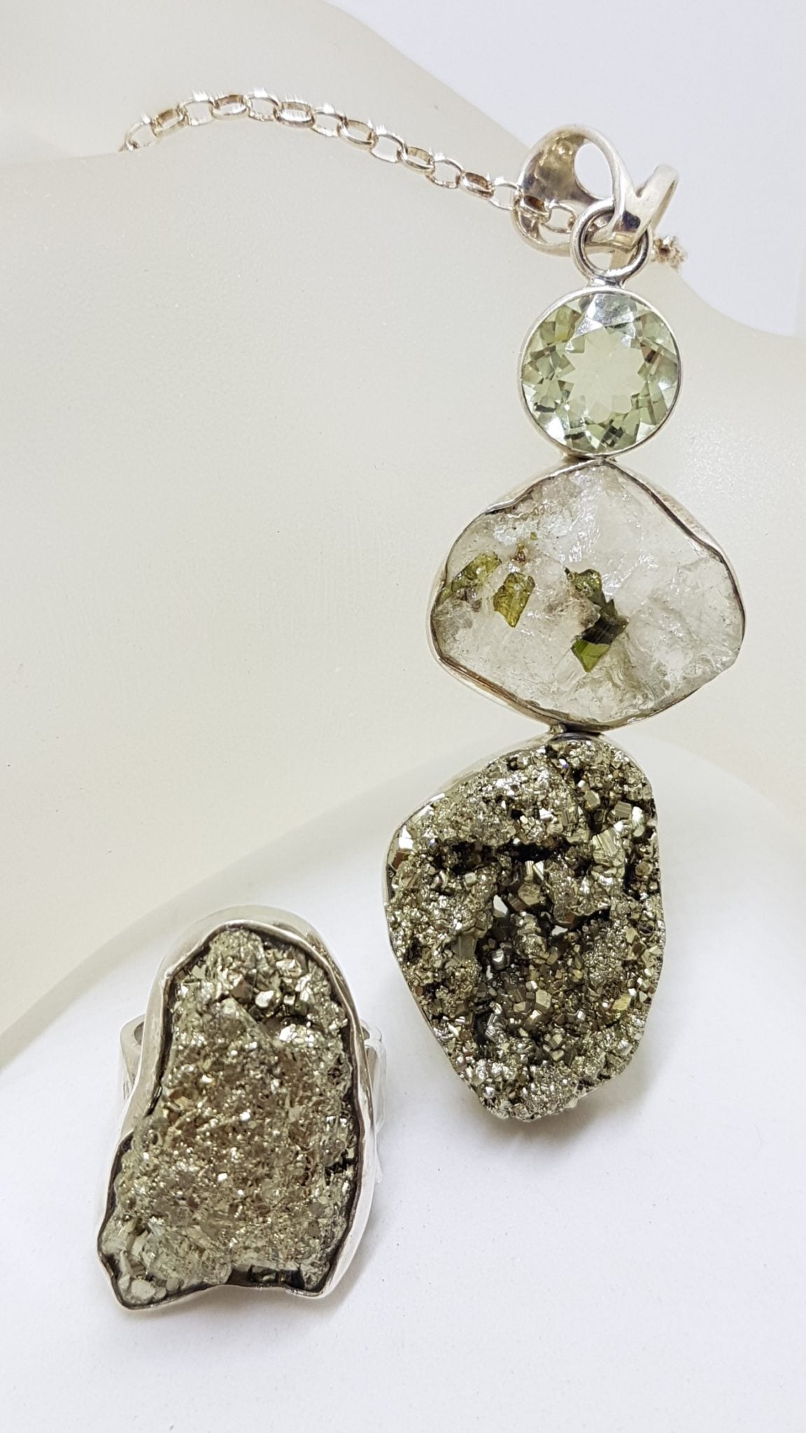Sterling Silver Large Pyrite, Tourmaline and Quartz Pendant on Chain