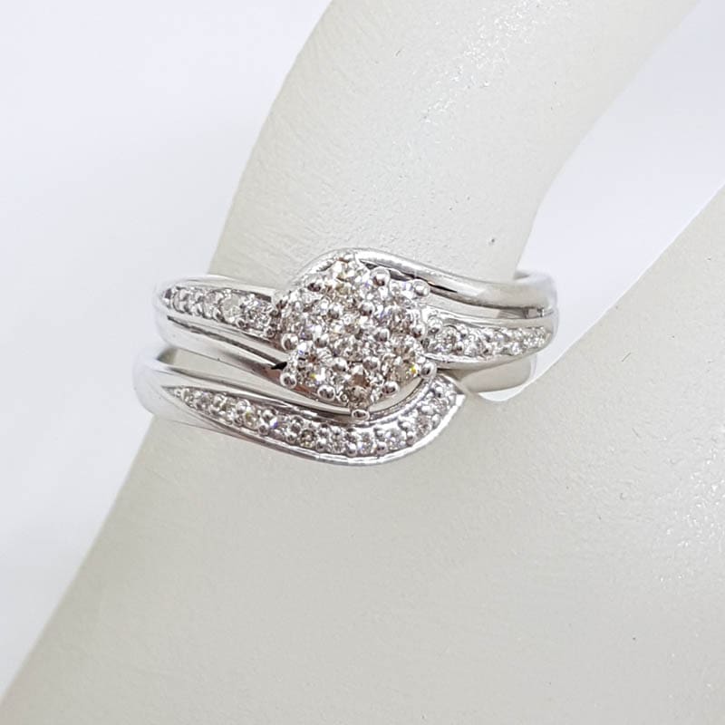 9ct White Gold Diamond Cluster Engagement Ring and Wedding Ring Set