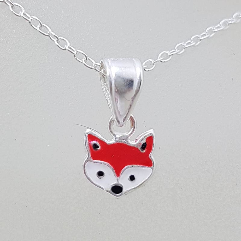 Sterling Silver Red &amp; White Enamel Small Fox Pendant on Silver Chain