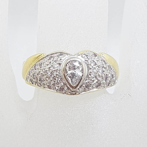 18ct Yellow and White Gold Diamond Wide Ring - Pear / Teardrop Shaped Diamond Surrounded by Round Pave Set Diamonds