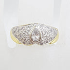 18ct Yellow and White Gold Diamond Wide Ring - Pear / Teardrop Shaped Diamond Surrounded by Round Pave Set Diamonds