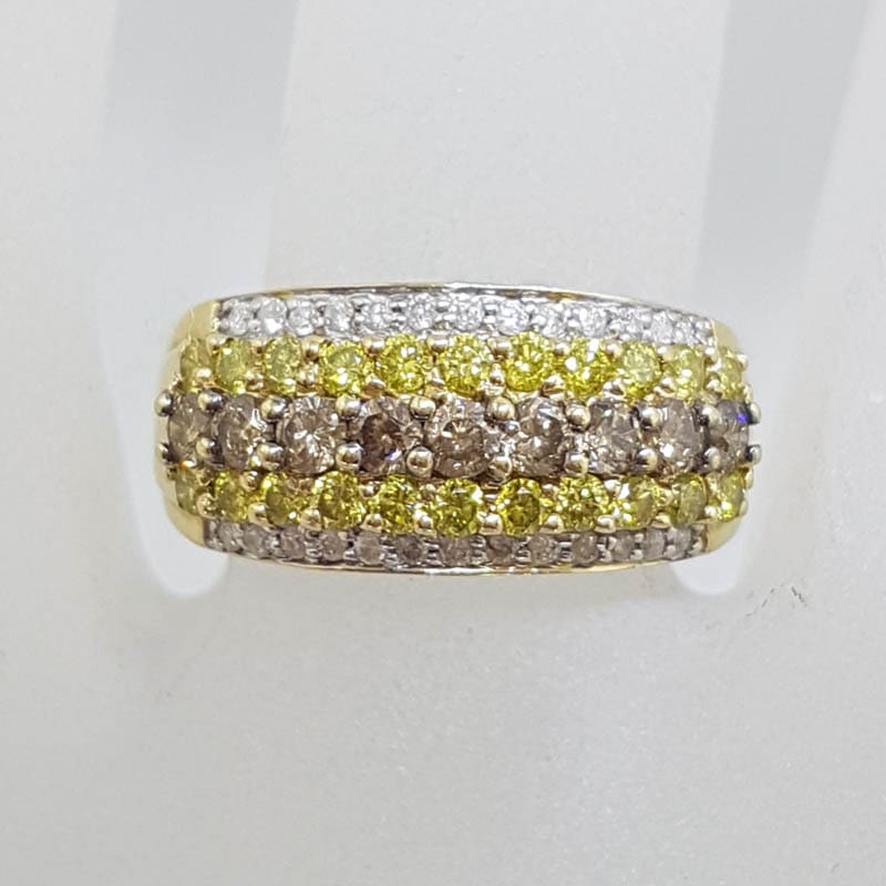 14ct Yellow Gold Diamond Wide Band Ring - 3 Coloured Diamonds