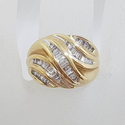 10ct Yellow Gold Wide Channel Set Diamond Cluster Unusual Shape Ring