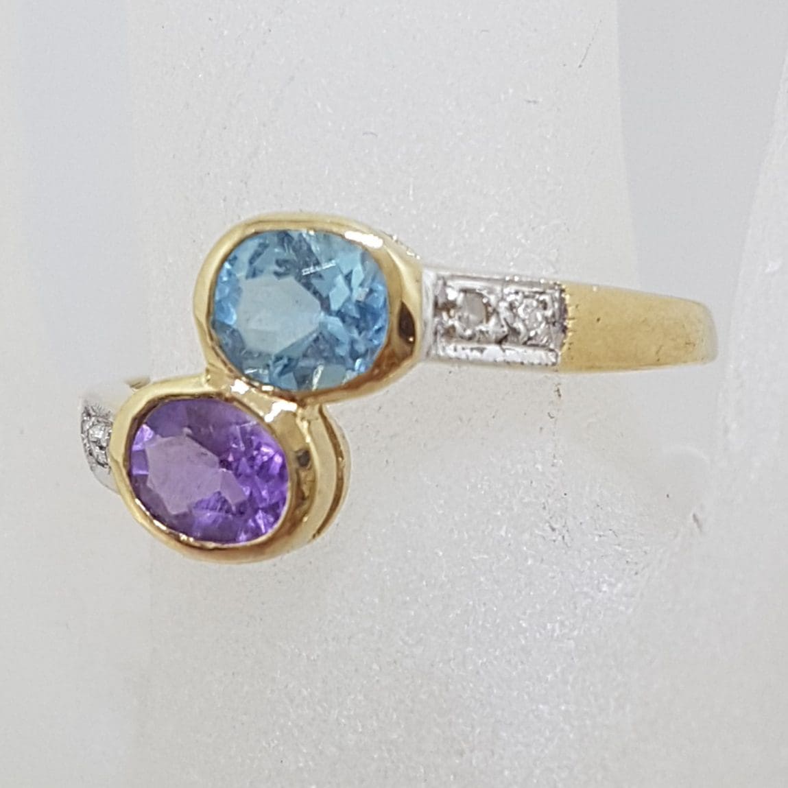9ct Yellow Gold Diamond with Oval Amethyst &amp; Topaz Bezel Set Ring