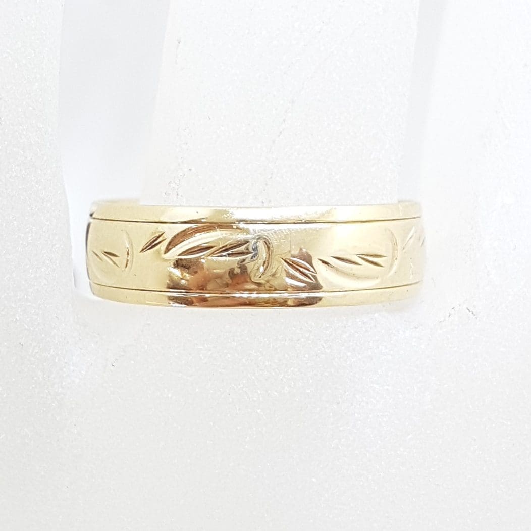 9ct Yellow Gold Wide Patterned Wedding Band Ring - Antique / Vintage