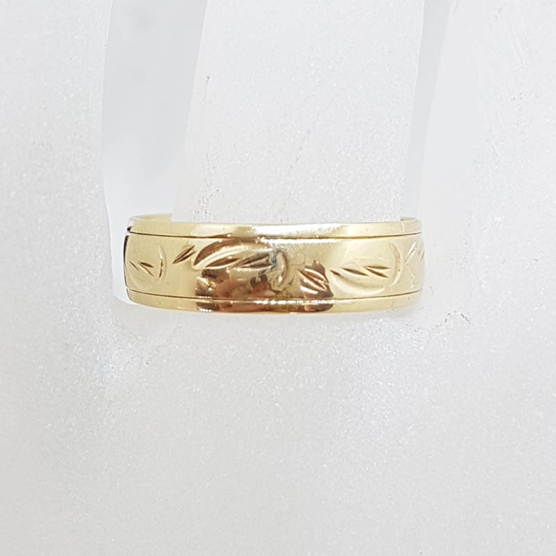 9ct Yellow Gold Wide Patterned Wedding Band Ring - Antique / Vintage