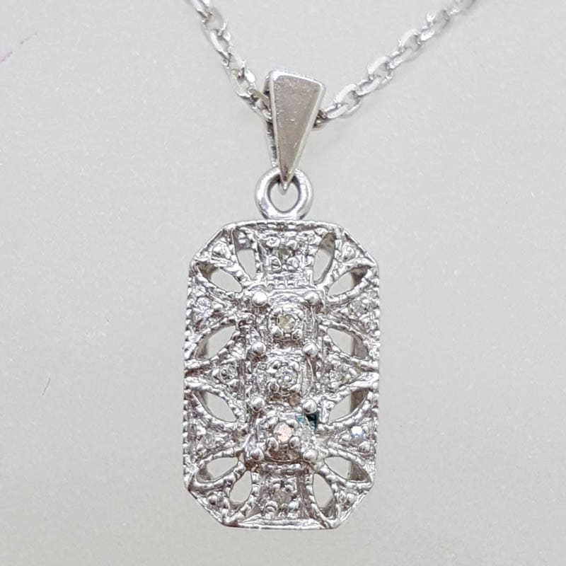 9ct White Gold Rectangular Ornate Diamond Pendant on Gold Chain