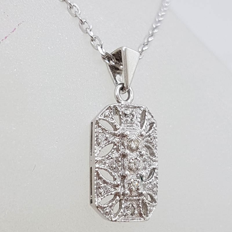 9ct White Gold Rectangular Ornate Diamond Pendant on Gold Chain