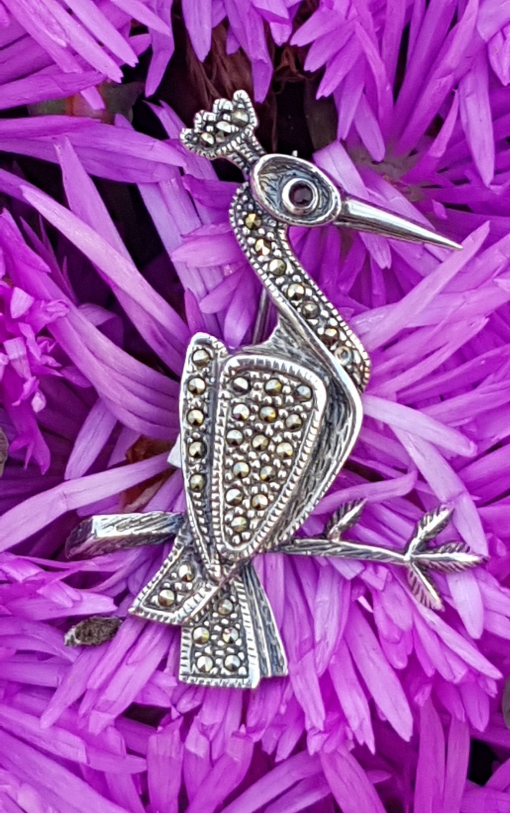 Sterling Silver Marcasite Crane / Bird on Branch Brooch