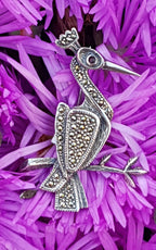 Sterling Silver Marcasite Crane / Bird on Branch Brooch