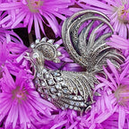 Sterling Silver Very Large Marcasite and Mother of Pearl Rooster Brooch - Bird