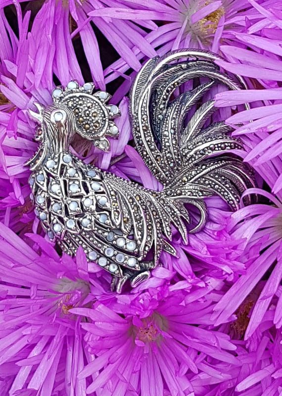 Sterling Silver Very Large Marcasite and Mother of Pearl Rooster Brooch - Bird