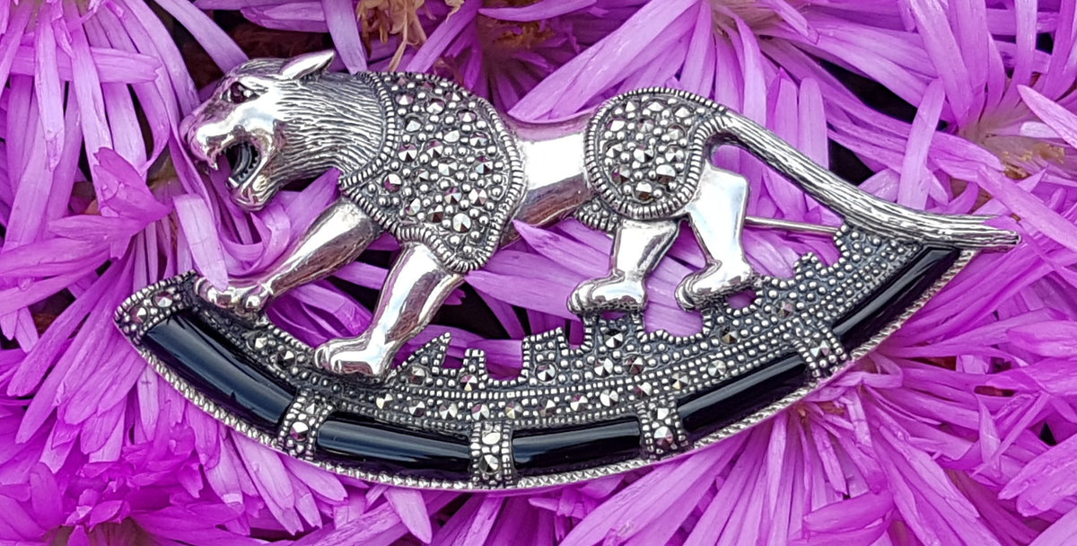 Sterling Silver Marcasite &amp; Black Onyx Big Cat Brooch – Puma / Jaguar