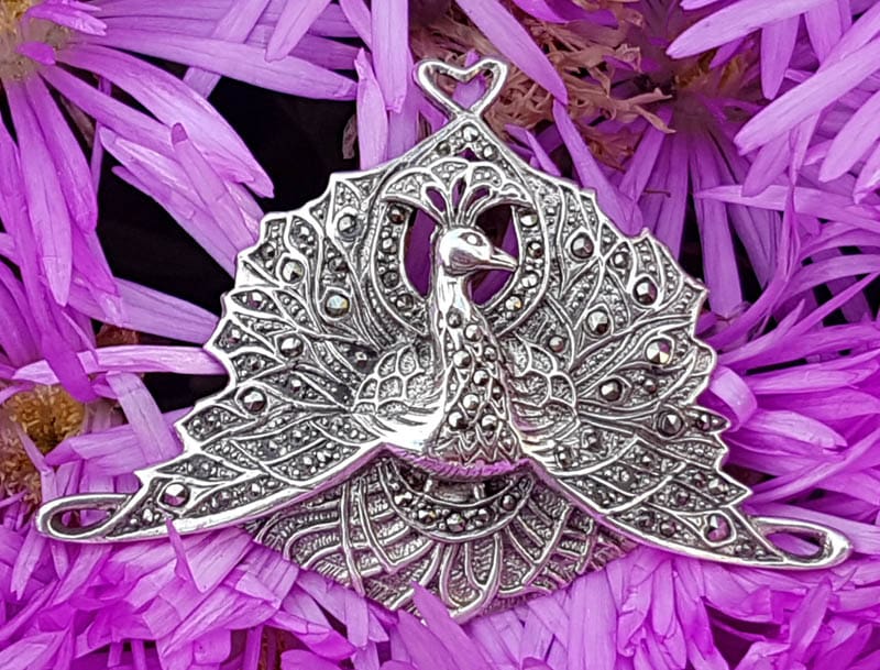 Sterling Silver Marcasite Large Peacock Bird Brooch