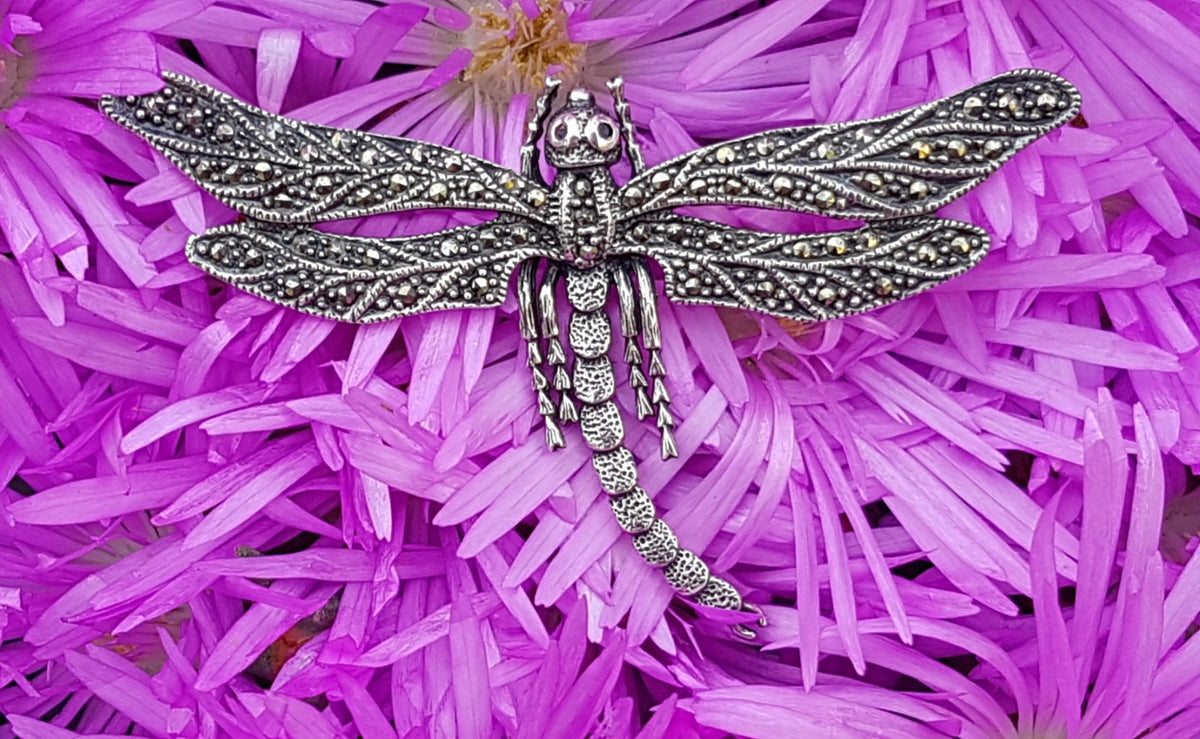 Sterling Silver Marcasite Large Dragonfly Brooch