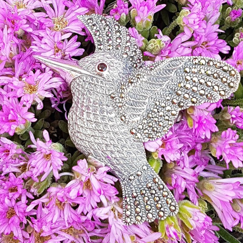 Sterling Silver Marcasite Large Bird / Hummingbird with Garnet Eye Brooch