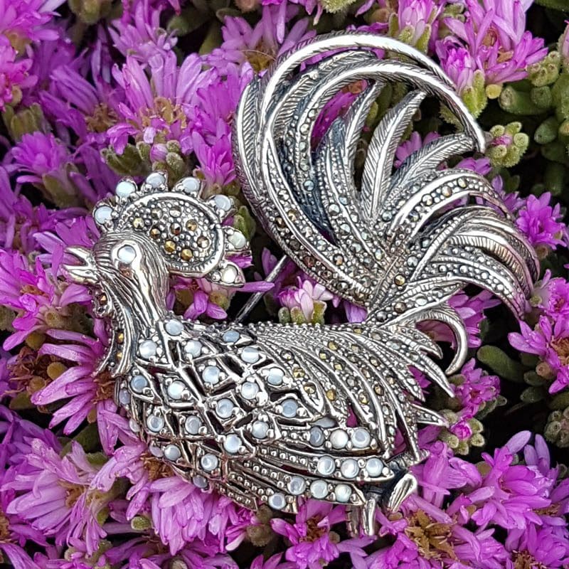 Sterling Silver Very Large Marcasite and Mother of Pearl Rooster Brooch - Bird