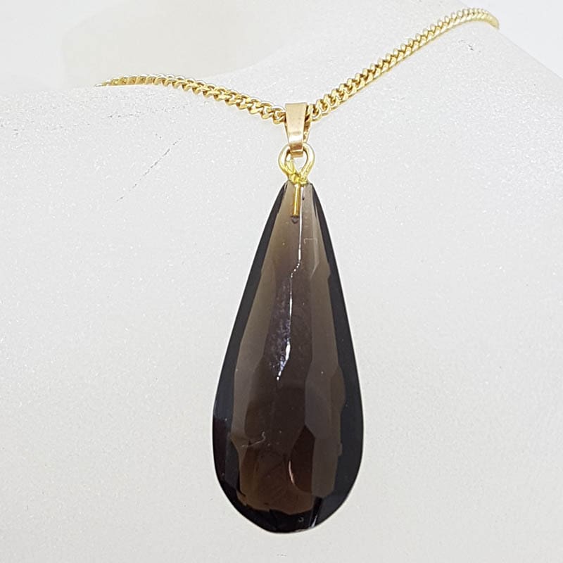 9ct Yellow Gold Teardrop Smokey Quartz Pendant on Gold Chain